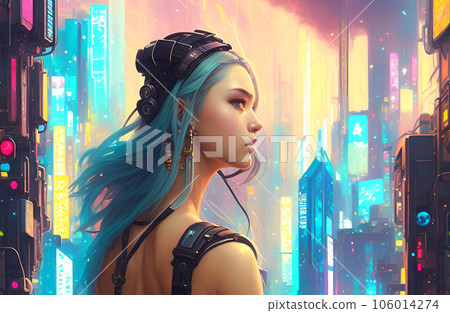 Illustration of beautiful young Cyberpunk Woman... - Stock Illustration ...