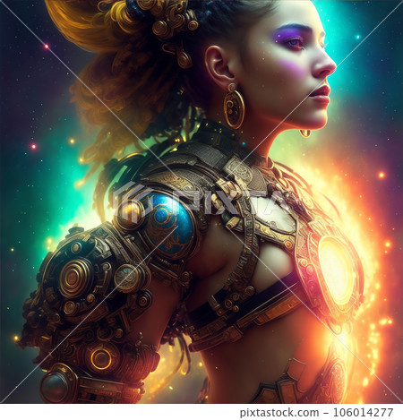 Illustration of beautiful young Cyberpunk Woman with long brown hair and cyborg elements on her body against a futuristic glowing background. Future vision design. Ai Generated fictional person. Illustration of beautiful young Cyberpunk Woman with long brown hair and cyborg elements on her body against a futuristic glowing background. Future vision design. Ai Generated fictional person. 106014277