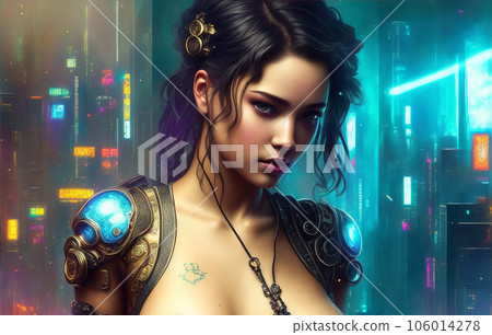 Illustration of beautiful young Cyberpunk Woman with long brown hair and cyborg elements on her body against a futuristic glowing background. Future vision design. Ai Generated fictional person. Illustration of beautiful young Cyberpunk Woman with long brown hair and cyborg elements on her body against a futuristic glowing background. Future vision design. Ai Generated fictional person. 106014278