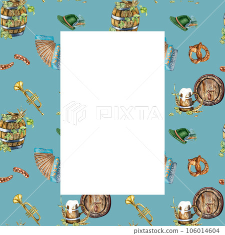 Frame of wooden barrel, pint of beer, German hat, accordion, hop vine watercolor illustration isolated on blue. Pretzel, wheat ear hand drawn. Design for beer festival, package, menu, signage Frame of wooden barrel, pint of beer, German hat, accordion, hop vine watercolor illustration isolated on blue. Pretzel, wheat ear hand drawn. Design for beer festival, package, menu, signage 106014604