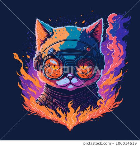 Futuristic Cat Head Illustration with Flower and Sunglasses on Clean Background. Vector Vintage Painting Style Design with Floral Elements for T-Shirt, Poster, Banner, Invitation or Cover. 106014619