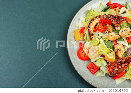 Octopus salad with vegetables, space for text. Octopus salad with vegetables, space for text. 106014803