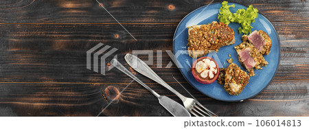Tuna fillet with mangosteens. Tuna fillet with mangosteens. 106014813