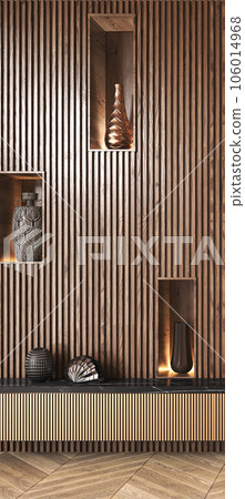 Classic expensive luxury panels wall with commode and shelves with backlight. Modern interior living room with decorative vases background. 3d rendering. High quality 3d illustration Classic expensive luxury panels wall with commode and shelves with backlight. Modern interior living room with decorative vases background. 3d rendering. High quality 3d illustration 106014968