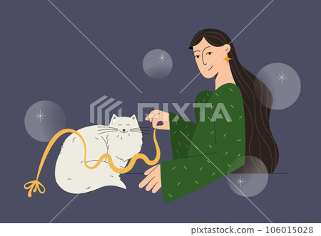 Woman having fun playing with cat vector illustration. 106015028