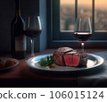 Beef meat steak on white plate, bottle with two glasses of red wine on table near window Beef meat steak on white plate, bottle with two glasses of red wine on table near window 106015124
