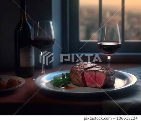 Beef meat steak on white plate, bottle with two glasses of red wine on table near window 106015124