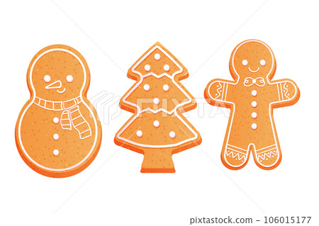 Set Gingerbread man, cute snowman and christmas tree with icing decoration, seasonal dessert, cookies in cartoon style isolated on white background. 106015177