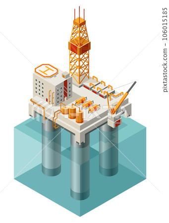 Oil gas platform isometric icon composition in water. Offshore mining elements of depot petroleum products with drilling rig platform. Facilities for extraction from under the sea bed deposits 106015185