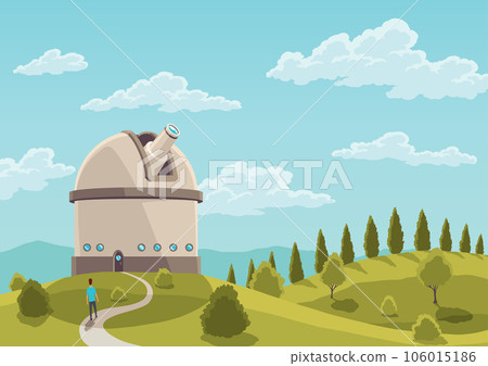 Space observatory landscape. Cartoon astronomical building in nature scene. Structure containing telescopes and auxiliary instruments. Observatory flat color vector illustration 106015186