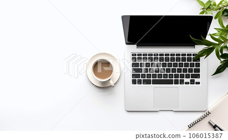 Top view of modern workplace with laptop, coffee cup and notebook on white background Top view of modern workplace with laptop, coffee cup and notebook on white background 106015387