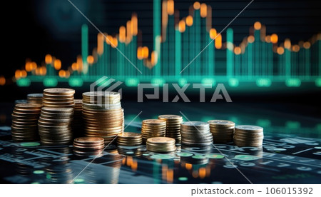 Stacks of coins money for finance and banking concept, Money coin stack growing graph with stock market chart background. Stacks of coins money for finance and banking concept, Money coin stack growing graph with stock market chart background. 106015392