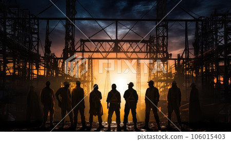 Silhouette of a group of people in front of the construction site 106015403