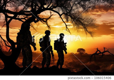 Silhouette of soldiers in the jungle at sunset Silhouette of soldiers in the jungle at sunset 106015406