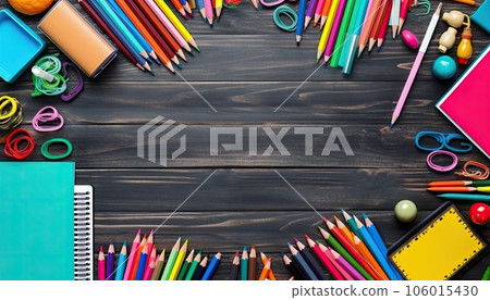 School supplies on black wooden table. Back to school concept. Top view School supplies on black wooden table. Back to school concept. Top view 106015430