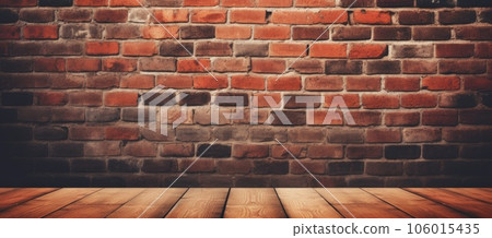 Brick wall and wooden floor against digitally generated image of wooden planks Brick wall and wooden floor against digitally generated image of wooden planks 106015435