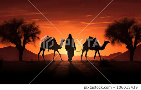 Silhouette of a man with camels in the desert at sunset 106015439