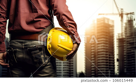 engineer holding a yellow hard hat on the construction site background. engineer holding a yellow hard hat on the construction site background. 106015449
