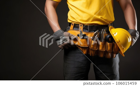 Closeup of construction worker holding hard hat and safety belt on black background Closeup of construction worker holding hard hat and safety belt on black background 106015459