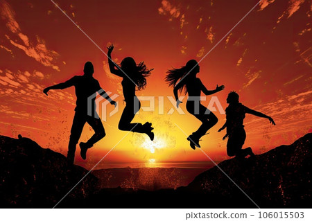 Silhouette of a group of people jumping in the air at sunset 106015503