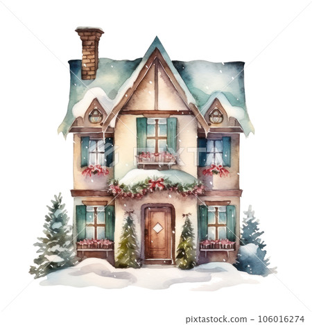 Watercolor cute Christmas house isolated 106016274