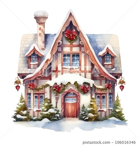 Watercolor cute Christmas house isolated Watercolor cute Christmas house isolated 106016346