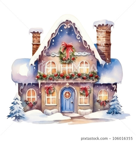 Watercolor cute Christmas house isolated Watercolor cute Christmas house isolated 106016355