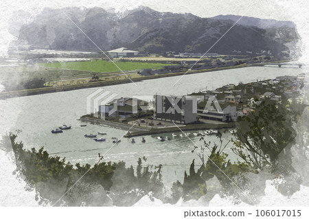 岡山縣笠岡市笠岡灣、笠岡太陽廣場、水彩風格的小城山公園 106017015
