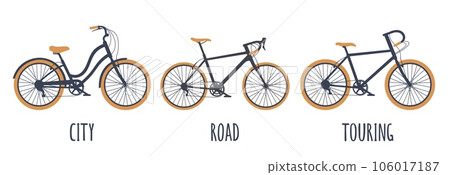 Bicycle type icons set. City, road, touring. Vector black and orange illustration Bicycle type icons set. City, road, touring. Vector black and orange illustration 106017187