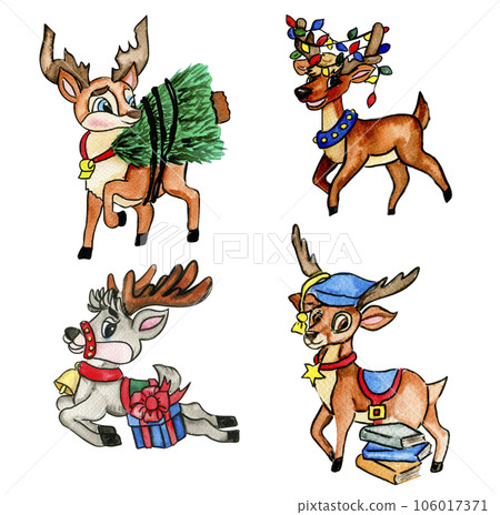 Watercolor Christmas deer. Christmas decoration and characters. Watercolor elements.Design for baby shower party, birthday, cake, holiday celebration design, greetings card, invitation. 106017371