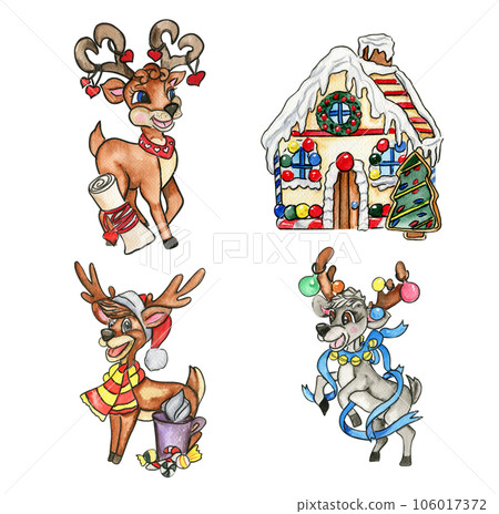 Watercolor Christmas deer. Christmas decoration and characters. Watercolor elements.Design for baby shower party, birthday, cake, holiday celebration design, greetings card, invitation. 106017372