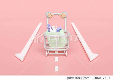 3d hand pushing a shopping cart  with shopping paper bags, miscellaneous isolated on pink background. purchase target concept, 3d render illustration 106017604