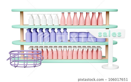 3d basket, shopping carts empty with shelf, miscellaneous, sale signboard or signpost isolated. 3d render illustration 106017651