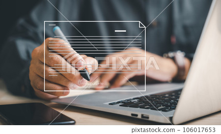 Professional businessman utilizes digital technology to sign electronic documents online. Seamless integration of business, design technology. Approval and digital document management is showcased. 106017653