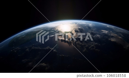 Planet earth at dawn view from outer space, new beginning, exploration and global business concept illustration wiht copy space. Generative AI 106018558