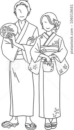 Illustration line drawing of men and women in yukata 106018681
