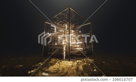 3d render Floating cube on golden water with neon lines inside in the form of a labyrinth 106018707