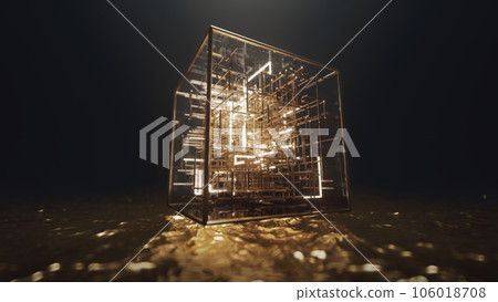 3d render Floating cube on golden water with neon lines inside in the form of a labyrinth 106018708