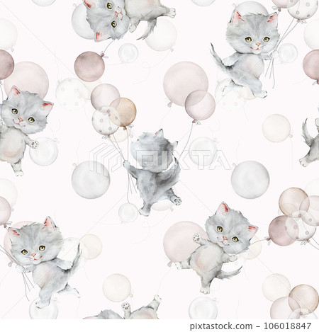 Seamless pattern of little fluffy gray kitten and balloon. Watercolor hand drawn. Scottish fold on light background. Spotted cat. Pet cartoon for kids, posters, stickers, textile. 106018847