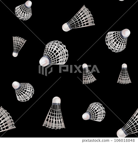 Seamless pattern badminton shuttlecock watercolor illustration. Hand drawn and isolated on a black background. Athletic lifestyle, sport design, textile 106018848