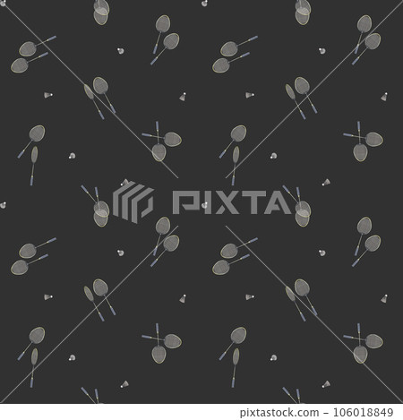 Seamless pattern badminton racket and shuttlecock watercolor illustration. Hand drawn and isolated on a black background. Athletic lifestyle, sport design, textile 106018849