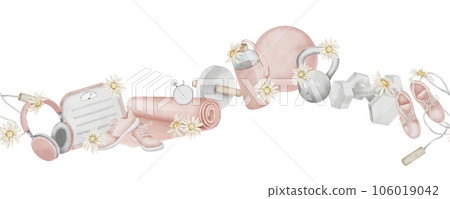 Seamless Border of Sports equipment and daisy flowers. Hand drawn watercolor illustration of female Fitness on isolated background. Banner design for gym wall sticker. Exercise tools for women sketch. Seamless Border of Sports equipment and daisy flowers. Hand drawn watercolor illustration of female Fitness on isolated background. Banner design for gym wall sticker. Exercise tools for women sketch. 106019042