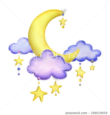 A cute stitched yellow moon with hanging stars, dots, clouds. Watercolor illustration, hand drawn. Isolated composition on a white background. 106019059