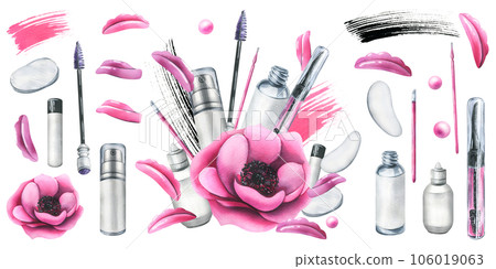 Pink cosmetic bag with beauty master's tools for laminating eyelashes, with brushes, silicone rollers, patches. Watercolor illustration, hand drawn. Set of isolated elements on a white background Pink cosmetic bag with beauty master's tools for laminating eyelashes, with brushes, silicone rollers, patches. Watercolor illustration, hand drawn. Set of isolated elements on a white background 106019063