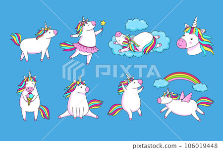 Cute cartoon unicorns. Magic unicorn with rainbow hair flying and dreaming in clouds, dancing and eating ice cream vector illustration set 106019448