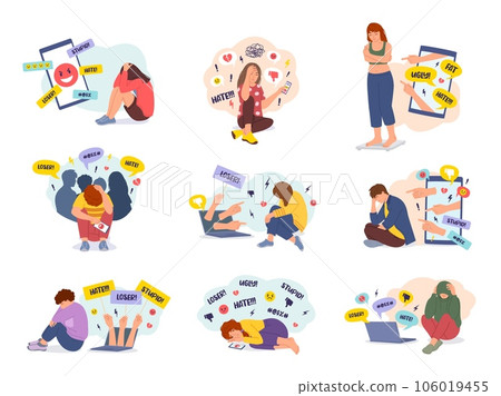 Cyberbullying on social networks. Online shaming and hate speech, teenagers upset by bullying vector illustration set 106019455