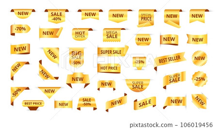 Golden tags. New label ribbons, gold sale sticker and discount badges. Promotion offer banners vector bundle 106019456