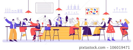 Bar party. People drinking at restaurant bar counter, celebration at pub interior and alcohol cocktails from bartender vector illustration Bar party. People drinking at restaurant bar counter, celebration at pub interior and alcohol cocktails from bartender vector illustration 106019471