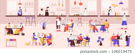 Food court. Busy restaurant hall with people eating, drinking together and talking. Visitors at cafe tables enjoying dinner vector illustration 106019475