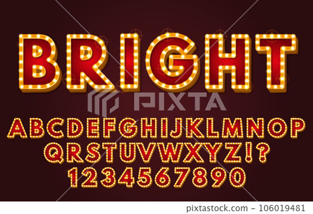 Glowing alphabet display font. Retro letters and numbers with light bulbs frames, nostalgic light sign lettering. Vintage signboard design vector bundle 106019481